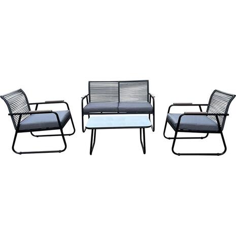 ROCCO Set Σαλόνι Κήπου 4τεμ, Μέταλλο Μαύρο,RopeWicker Γκρι, Μαξιλ.Σκούρο Γκρι, Γυαλί Μαύρο (Ε6873,1)