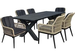ALLEY Set Τραπεζαρία ALU Ανθρακί-Rope Φυσικό: Τραπέζι 180x94 + 6 Πολυθρόνες με Μαξιλ (Ε68421,S)