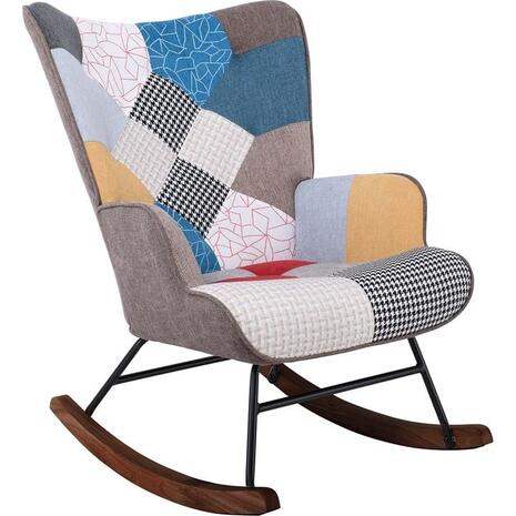 ALMA Rocking Πολυθρόνα Μπερζέρα Καθιστικού, Ύφασμα Patchwork, Βάση Μαύρο-Καρυδί (Ε7143,4Κ)
