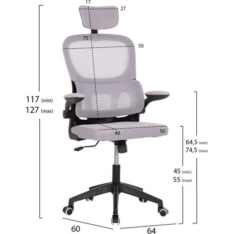 ΚΑΡΕΚΛΑ ΓΡΑΦΕΙΟΥ BASTON HM18236.02 ΓΚΡΙ MESH & ΜΑΥΡΟ PP ΣΚΕΛΕΤΟΣ 64x60x127Υεκ.