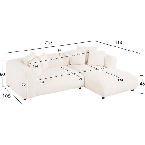 ΚΑΝΑΠΕΣ ΓΩΝΙΑ (ΔΕΞΙΑ) 3-ΘΕΣΙΟΣ GRACE HM3280.02R ΛΕΥΚΟ ΥΦΑΣΜΑ 252x160x70-90Υεκ