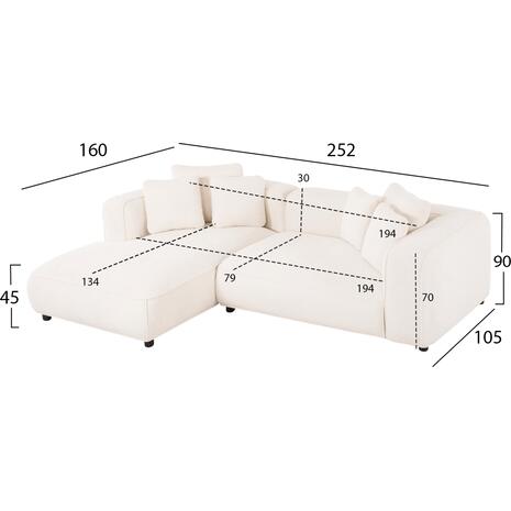 ΚΑΝΑΠΕΣ ΓΩΝΙΑ (ΑΡΙΣΤΕΡΗ) 3-ΘΕΣΙΟΣ GRACE HM3280.02L ΛΕΥΚΟ ΥΦΑΣΜΑ 252x160x70-90Υεκ