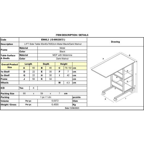 LIFT Βοηθητικό Τραπεζάκι Μέταλλο Βαφή Μαύρο, Melamine Απόχρωση Σκούρο Καρυδί (ΕΜ48,2)