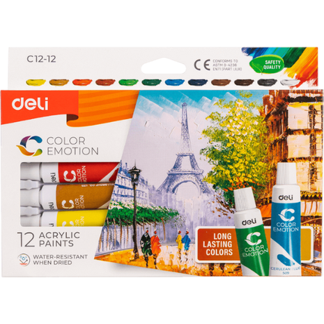 Σετ 12 ακρυλικών χρωμάτων των 12ml Deli color emotion (Διάφορα χρώματα)