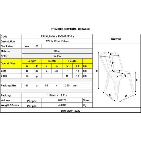 RELIX Καρέκλα Στοιβαζόμενη, Μέταλλο Βαφή Κίτρινο (Ε5191,9MW)