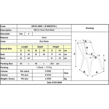RELIX Καρέκλα Στοιβαζόμενη, Μέταλλο Βαφή Κόκκινο Matte (Ε5191,2MW)