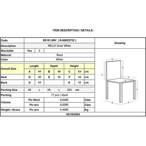 RELIX Καρέκλα Στοιβαζόμενη, Μέταλλο Βαφή Άσπρο (Ε5191,MW)
