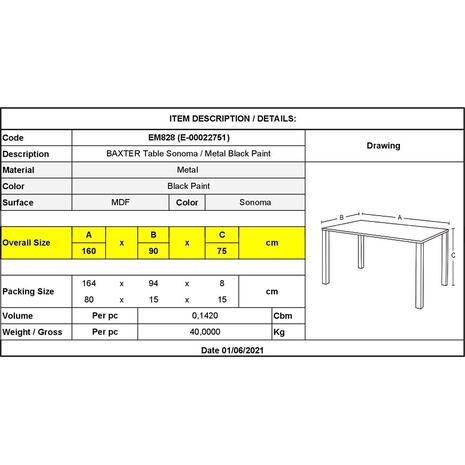 BAXTER Τραπέζι Κουζίνας Τραπεζαρίας, Μέταλλο Βαφή Μαύρο, Sonoma (ΕΜ828) (Sonoma)