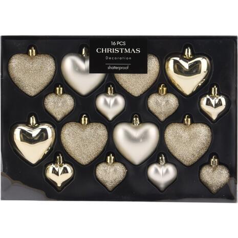 Σετ χριστουγεννιάτικα στολίδια-καρδιές 16 τεμαχίων, 3 σχεδίων χρυσές