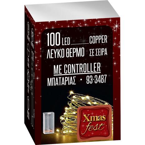 100 Λαμπάκια LED Copper Μπαταρίας Λευκό Θερμό σε Σειρά με Controller IP20 10,3m