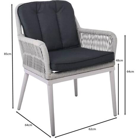 ALLEY Πολυθρόνα Τραπεζαρίας Κήπου ALU, Rope Grey 6mm, Μαξιλάρια Ανθρακί (Ε6842,1)