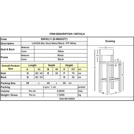 LAVIDA Σκαμπό BAR με Πλάτη, Μέταλλο Βαφή Μαύρο, PP Άσπρο (σετ 4 τεμαχίων) (ΕΜ153,11)