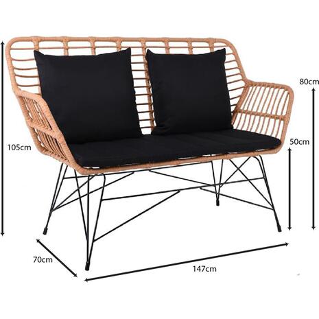 SALSA MAX Living Καναπές Κήπου 2Θέσιος, Μέταλλο Βαφή Μαύρο, Wicker Φυσικό, Μαξιλάρια Μαύρο (Ε285,Κ)
