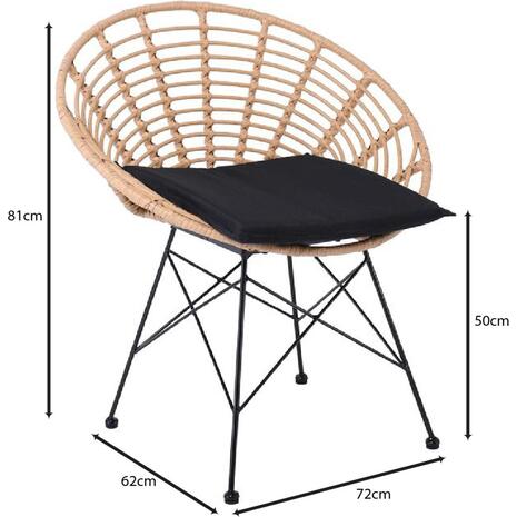 SALSA Coral Πολυθρόνα Κήπου- Τραπεζαρίας, Μέταλλο Μαύρο, Wicker Φυσικό, Μαξιλάρι Μαύρο (Ε283,1)