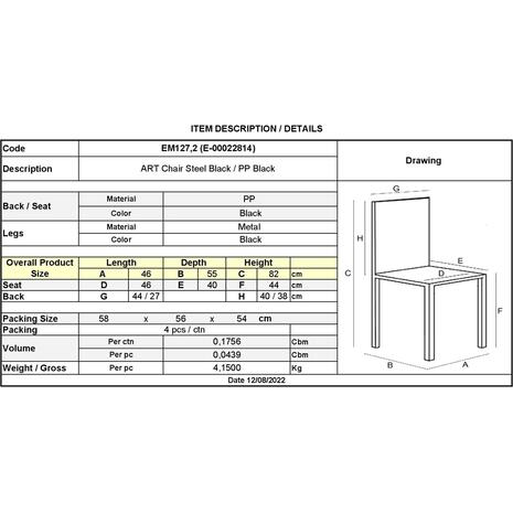 ART Καρέκλα Τραπεζαρίας Μέταλλο Βαφή Μαύρο - PP Μαύρο (σετ 4 τεμαχίων) (ΕΜ127,2)