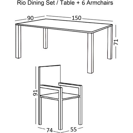 RIO Set Τραπεζαρία Κήπου Μέταλλο Ανθρακί, Textilene Γκρι: Τραπέζι + 6 Πολυθρόνες (Ε250L)