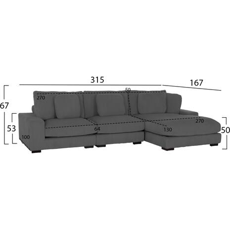 ΚΑΝΑΠΕΣ ΔΕΞΙΑ ΓΩΝΙΑ CRANFIELD HM3287.01R ΓΚΡΙ ΡΙΓΕ ΥΦΑΣΜΑ 315x167(γωνία)x67Υεκ.