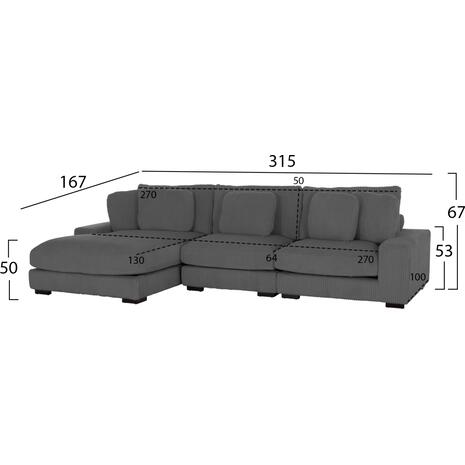 ΚΑΝΑΠΕΣ ΑΡΙΣΤΕΡΗ ΓΩΝΙΑ CRANFIELD HM3287.01L ΓΚΡΙ ΡΙΓΕ ΥΦΑΣΜΑ 315x167(γωνία)x67Υεκ.
