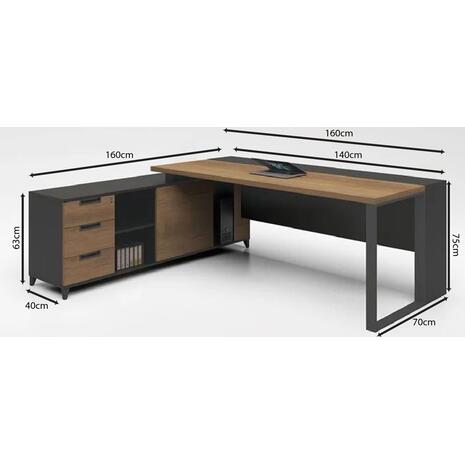 PROLINE Γραφείο Αναστρέψιμη Γωνία, 3 Συρτάρια, Ράφια, Απόχρωση Καρυδί Δρυς - Μαύρο (ΕΟ919)