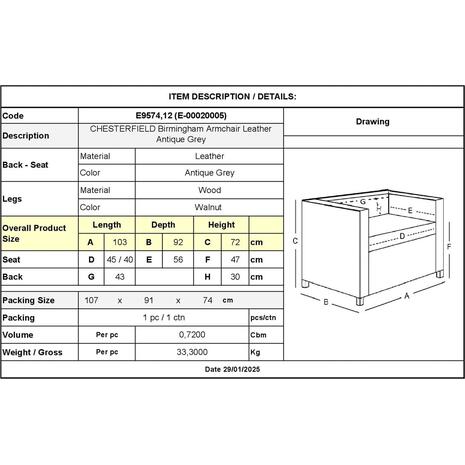 CHESTERFIELD Birmingham Πολυθρόνα Σαλονιού Καθιστικού, Δέρμα Antique Grey (Ε9574,12)
