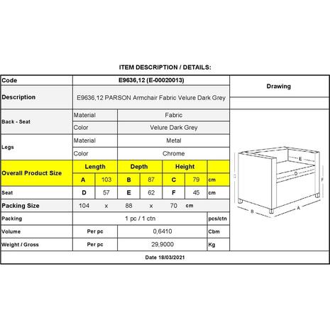 PARSON Πολυθρόνα Σαλονιού - Καθιστικού, Ύφασμα Velure Απόχρωση Σκούρο Γκρι (Ε9636,12)