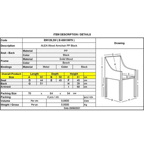 ALEA Wood Πολυθρόνα Ξύλο, ΡΡ Μαύρο (σετ 4 τεμαχίων) (ΕΜ129,2W)
