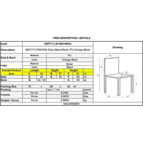 PANTON Καρέκλα Μέταλλο Βαφή Μαύρη, PU Vintage Black (σετ 4 τεμαχίων) (ΕΜ777,3)