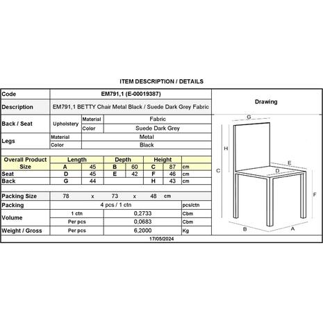 BETTY Καρέκλα Μέταλλο Βαφή Μαύρο, Ύφασμα Suede Ανθρακί (σετ 4 τεμαχίων) (ΕΜ791,1)