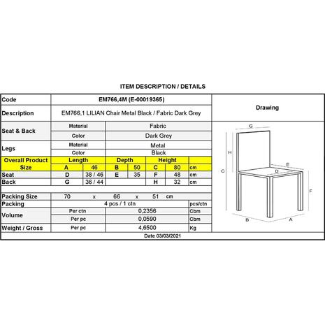 LILIAN Καρέκλα Τραπεζαρίας Μέταλλο Βαφή Μαύρο, Ύφασμα Σκούρο Γκρι (σετ 4 τεμαχίων) (ΕΜ766,4Μ)