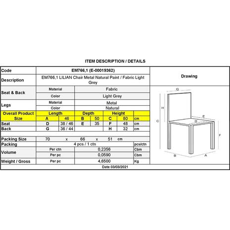 LILIAN Καρέκλα Τραπεζαρίας Μέταλλο Βαφή Φυσικό, Ύφασμα Ανοιχτό Γκρι (σετ 4 τεμαχίων) (ΕΜ766,1)