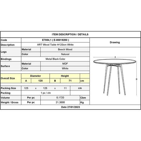 ART Wood Τραπέζι Ροτόντα Τραπεζαρίας-Κουζίνας, Πόδια Οξιά Φυσικό, Επιφ.MDF Άσπρο (Ε7084,1)