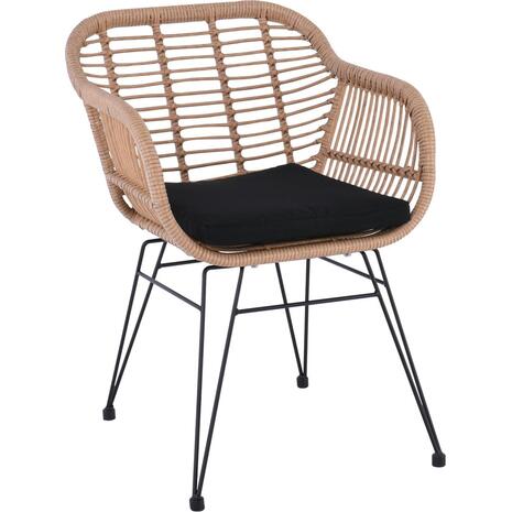 SALSA Πολυθρόνα Τραπεζαρίας Κήπου, Μέταλλο Βαφή Μαύρο, Wicker Φυσικό, Μαξιλάρι Μαύρο (Ε244,Κ)