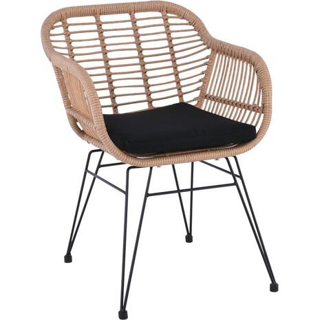 SALSA Πολυθρόνα Τραπεζαρίας Κήπου, Μέταλλο Βαφή Μαύρο, Wicker Φυσικό, Μαξιλάρι Μαύρο (Ε244,Κ)