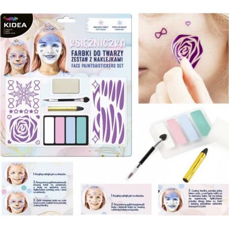 Χρώματα προσώπου Kidea 091980 Πριγκίπισσα (σετ 4 χρώματα παστέλ + αυτοκόλλητα + πινέλο)