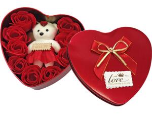 Κουτί Καρδιά Μεγάλη 10 Τριαντάφυλλα & Αρκούδο 16x15x5cm