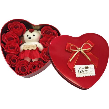 Κουτί Καρδιά Μεγάλη 10 Τριαντάφυλλα & Αρκούδο 16x15x5cm