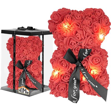 Αρκουδάκι από Τεχνητά Τριαντάφυλλα με φως Κίτρινο 25cm