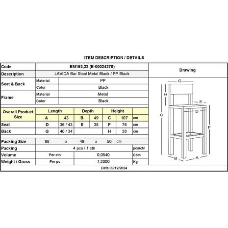 LAVIDA Σκαμπό BAR με Πλάτη, Μέταλλο Βαφή Μαύρο, PP Μαύρο (σετ 4 τεμαχίων) (ΕΜ153,22)