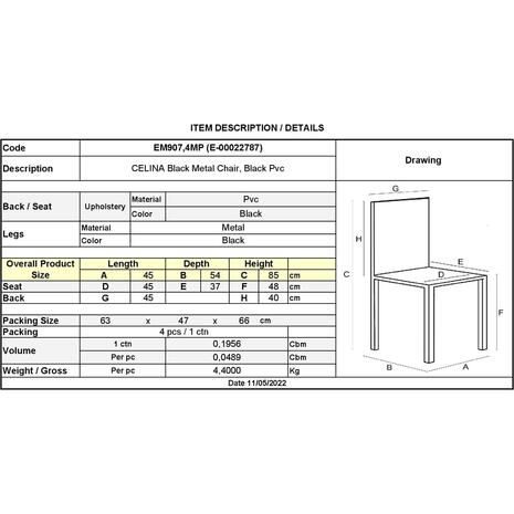 CELINA Καρέκλα Μέταλλο Βαφή Μαύρo, Pvc Μαύρο (σετ 4 τεμαχίων) (ΕΜ907,4ΜP)