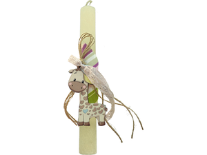 Λαμπάδα Deris Στρογγυλή Σαγρέ Με Ξύλινη φιγούρα Καμηλοπάρδαλη Εκρου