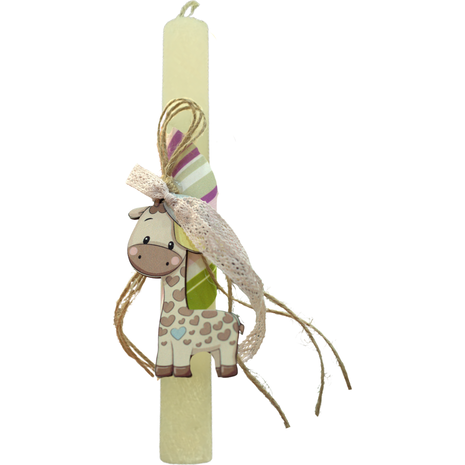 Λαμπάδα Deris Στρογγυλή Σαγρέ Με Ξύλινη φιγούρα Καμηλοπάρδαλη Εκρου