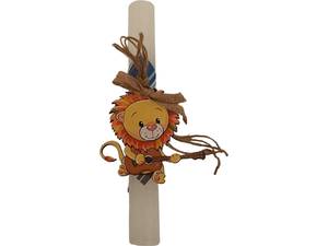 Λαμπάδα Deris Στρογγυλή Σαγρέ Με Ξύλινη φιγούρα Λιοντάρι Εκρού