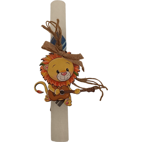 Λαμπάδα Deris Στρογγυλή Σαγρέ Με Ξύλινη φιγούρα Λιοντάρι Εκρού