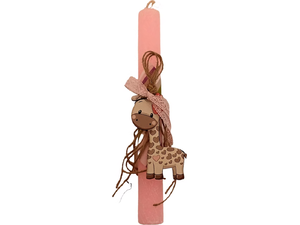 Λαμπάδα Deris Στρογγυλή Σαγρέ Με Ξύλινη φιγούρα Καμηλοπάρδαλη Ροζ