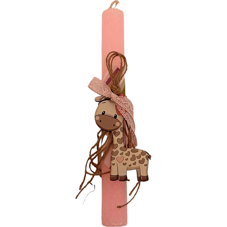 Λαμπάδα Deris Στρογγυλή Σαγρέ Με Ξύλινη φιγούρα Καμηλοπάρδαλη Ροζ