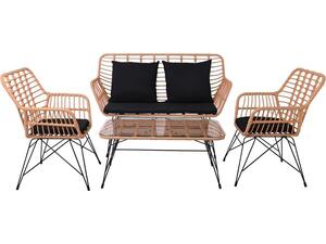 SALSA MAX Living Set Κήπου 4 τεμαχίων, Μέταλλο Βαφή Μαύρο, Wicker Φυσικό, Μαξιλάρια Μαύρο (Ε285,S)