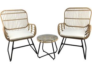 SALSA Yard Set: Τραπέζι + 2 Πολυθρόνες, Μέταλλο Μαύρο, Wicker Φυσικό, Μαξιλάρια Εκρού (Ε292,S)