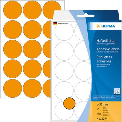 Ετικέτες HERMA αυτοκόλλητες στρογγυλές 32mm No.2274 Πορτοκαλί (Πορτοκαλί)