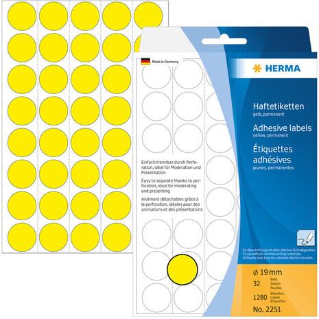 Ετικέτες HERMA αυτοκόλλητες στρογγυλές 19mm No.2251 Κίτρινες (Κίτρινο)