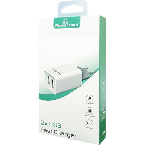 Φορτιστής τοίχου POWERTECH  PT-778, 2x USB, 2.1A, λευκός